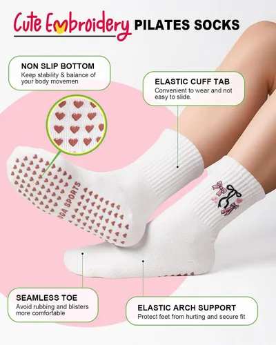 Miniatura 3 de Calcetines para Pilates para Mujeres, Lindas Calcetines de Agarre Antideslizantes de Manga Corta para Yoga, Barre, Hospital, Entrenamiento Descalzo