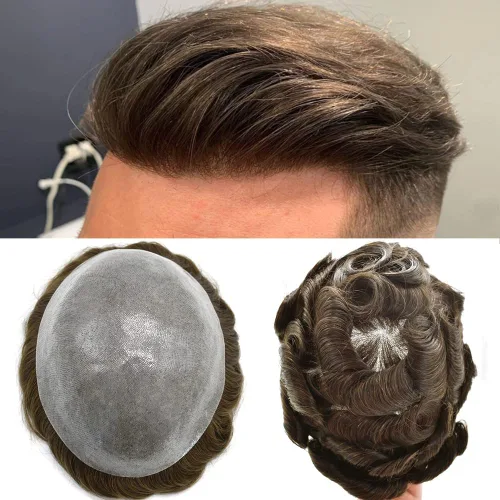 Miniatura 12 de Tupé de cabello humano para hombre, base de piel de polietileno, unidades de cabello sintético de inyección, densidad de 8 x 10 a 110 %, frente