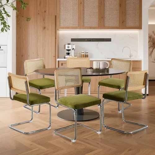 Miniatura 22 de Juego de 4 sillas de comedor de terciopelo tejidas a mano con respaldo de ratán y base cromada, silla de cocina de mediados de siglo, para comedor