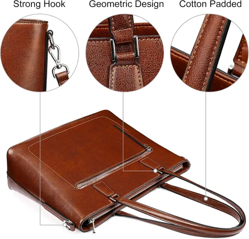 Miniatura 5 de S-ZONE Bolso de mano de cuero genuino para mujer, maletín vintage, bolso de trabajo, bolso grande de 15.6 pulgadas, L