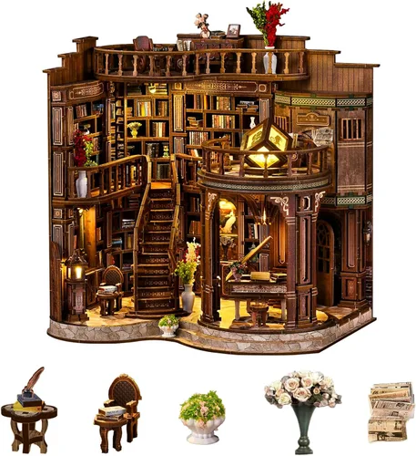 Kit de rincón de libros, rompecabezas de madera 3D en miniatura, sujetalibros con luz LED, decoración de estantería de flor de cerezo para libros