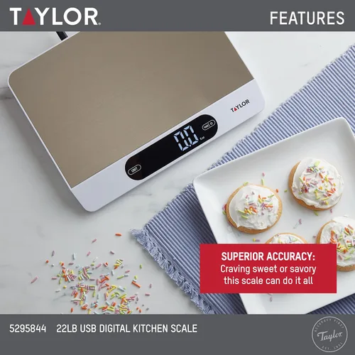 Miniatura 4 de Taylor Báscula de alimentos de cocina de alta capacidad de 22 libras con superficie de acero inoxidable, pantalla retroiluminada y cable de recarga