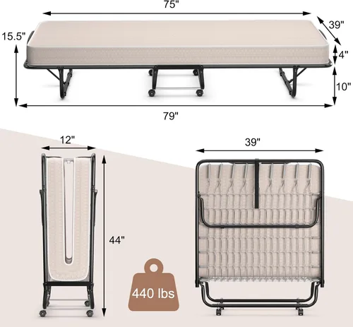 Miniatura 2 de GORELAX Cama plegable individual con colchón de 4 pulgadas para adultos, juego de cama portátil pequeño con marco de cama de metal, cama plegable