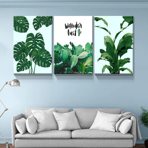 Miniatura 5 de Denozer - 3 piezas de arte de pared en lienzo con hojas verdes para sala de estar, decoración moderna del hogar, estirada y enmarcada lista