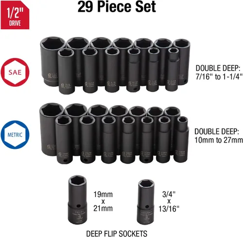 Miniatura 3 de Sunex - Juego de llaves de vaso de impacto doble profundo de 1/2 pulgada de 29 piezas + juego de extensión de impacto de 4 piezas