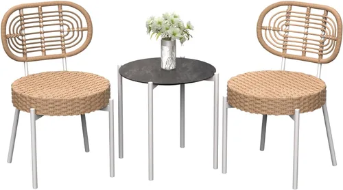 Miniatura 9 de GarveeLife - Juego de 3 piezas de muebles de mimbre para patio estilo bistró, sillas de comedor para exteriores, incluye 2 sillas de ratán y mesa
