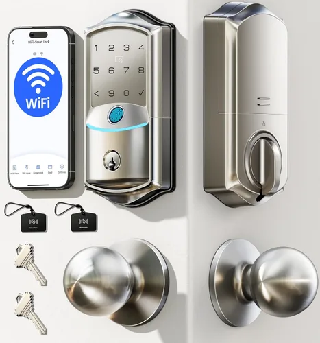Veise VE027-K - Cerradura inteligente WiFi integrada con 2 perillas, juego de manijas de bloqueo de puerta de entrada sin llave para puerta Níquel