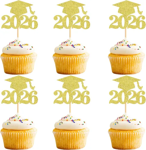 Ercadio 36 piezas de tapa de graduación dorada con purpurina 2026 para magdalenas de clase de 2026, para preescolar, escuela secundaria, diploma