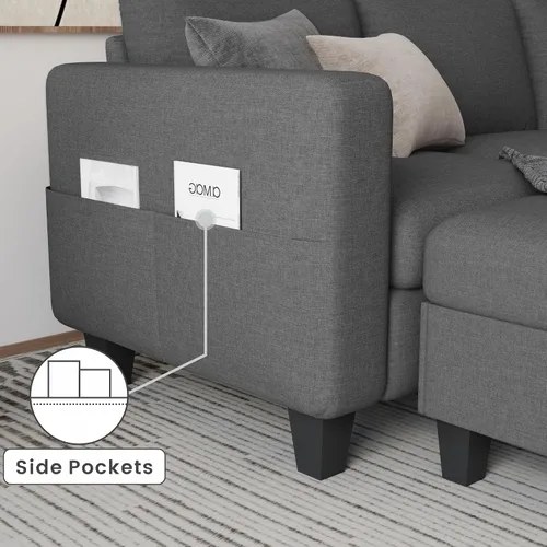 Miniatura 6 de Grzyhem Camillas seccionales para sala de estar, sofá convertible en forma de L, sofá moderno de lino gris de 3 plazas, sofás de 78 pulgadas