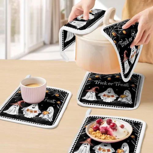 Miniatura 5 de Juego de 2 soportes para ollas de Halloween para cocina, platos de sartén para horno, tapete a prueba de calor con lazo para colgar, agarraderas