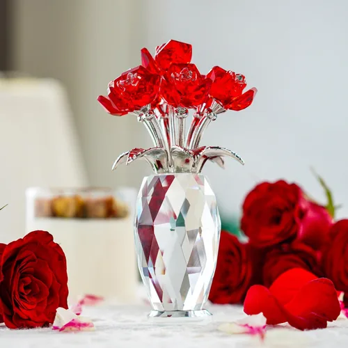 Miniatura 6 de Figura de flor de rosa de cristal rojo con base, ramo de flores de cristal, regalos para mujeres, novia, esposa, flores de cristal hechas a mano