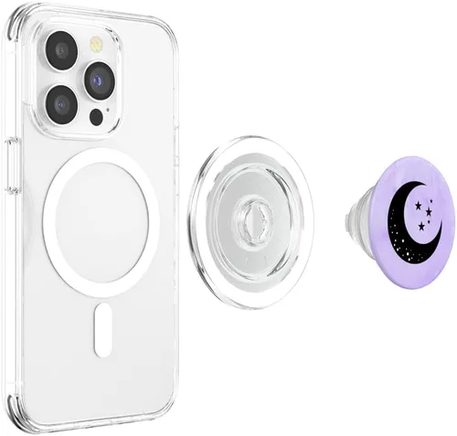 Miniatura 3 de Luna creciente con estrellas sobre fondo morado PopSockets MagSafe PopGrip para iPhone