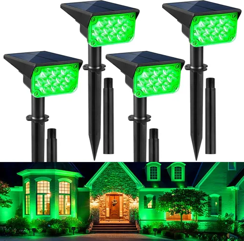 Focos solares verdes para exteriores, luces decorativas del día de San Patricio con IP65, impermeables, 20 LED, focos solares de paisaje para
