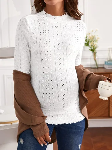 Miniatura 4 de SOLY HUX Camiseta de maternidad para mujer, cuello alto falso, ribete de volantes, color liso, manga larga, casual, camiseta