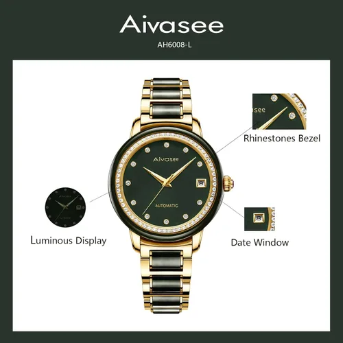 Miniatura 4 de Aivasee Reloj automático de diamantes de lujo para mujer con correa de acero inoxidable chapada en oro y jade negro para mujer, reloj de pulsera