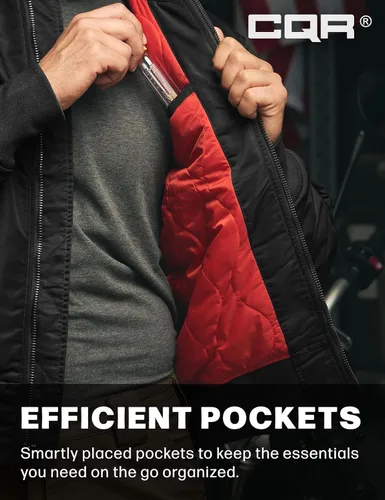 Miniatura 5 de CQR Chaqueta bomber casual para hombre, cortavientos con cremallera para exteriores de otoño/invierno, chaqueta de vuelo MA-1 acolchada resistente
