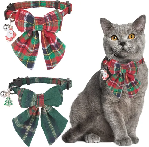 Miniatura 10 de ADOGGYGO Collares para gatos de Halloween con campana extraíble con corbatín extraíble, paquete de 2 unidades, collar de lazo de Halloween a cuadros