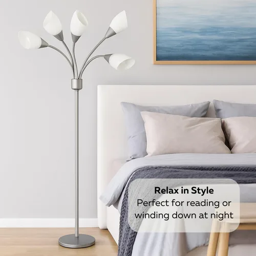 Miniatura 3 de LIGHTACCENTS Lámpara de pie Medusa de 5 luces para dormitorio – Lámpara de pie con múltiples cabezas y 5 pantallas de acrílico blanco, lámpara araña