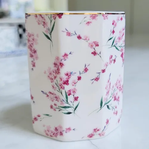 Miniatura 2 de Soporte para bolígrafo para escritorio, con patrón floral, taza de lápices para niñas, niños, organizador de escritorio de cerámica duradero, Rosa