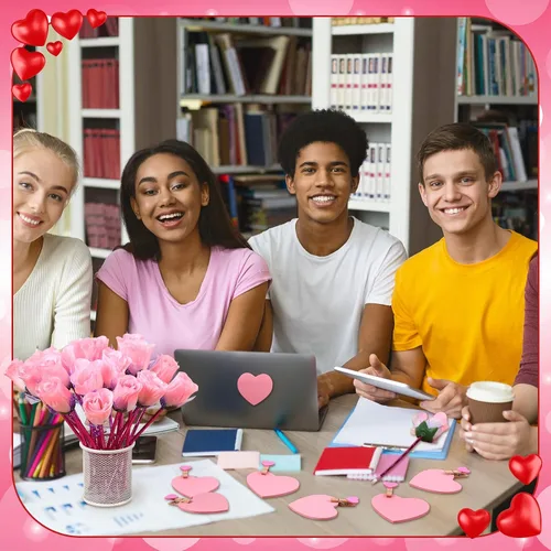 Miniatura 6 de Yexiya 48 juegos de bolígrafos de rosas para el día de San Valentín, regalos a granel con notas adhesivas, clips de corazón, bolsas de regalo
