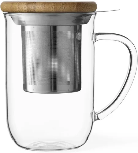 VIVA Minima Balance - Taza de té con infusor de vidrio, taza de 17 onzas / 16.9 fl oz con malla de infusión de acero inoxidable y tapa de madera de