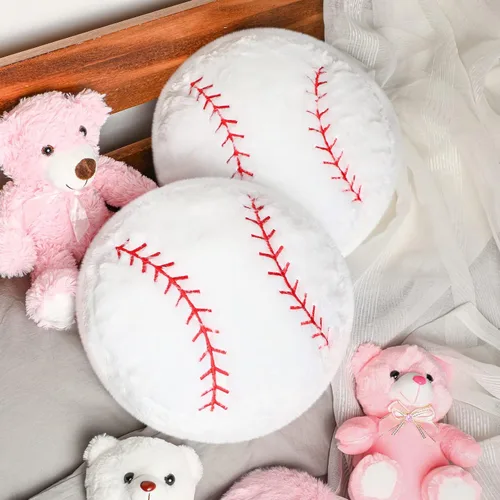 Miniatura 7 de Jetec 2 almohadas de felpa de béisbol de 14 pulgadas, bonita decoración de sala de béisbol, cojín redondo esponjoso para decoración de habitación