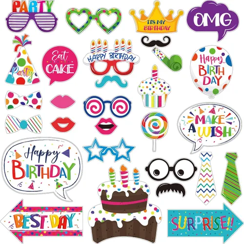 Kit de 29 piezas de accesorios para cabina de fotos de cumpleaños, coloridos y divertidos para niños, centro de mesa, recortes de manualidades con