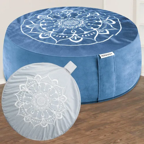 Hihealer Cojín de meditación, funda de terciopelo tradicional tibetano para meditación, cojín grande para el suelo para adultos, cojín de trigo Azul