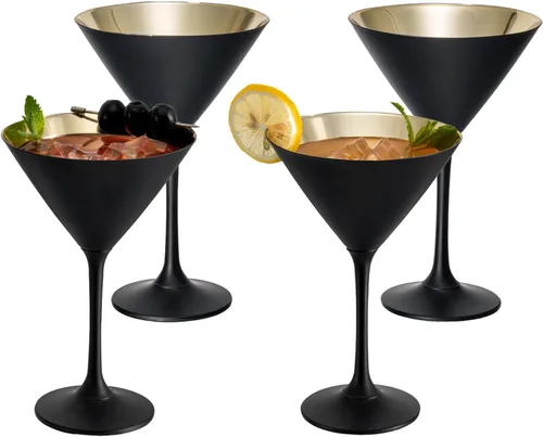 MyGift Copas de Martini modernas de 8 onzas en negro mate y tono dorado metálico plateado, vasos para beber para una fiesta de cóctel, boda o cena