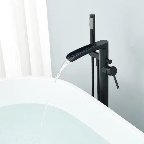 Miniatura 4 de Wowkk Grifo de Bañera Cascada Independiente Negro Montaje en Piso Relleno de Tina de Latón Grifo de Baño de Una Sola Manija con Ducha de Mano