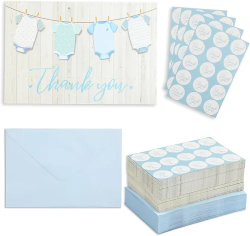 Pipilo Press Tarjetas de agradecimiento para baby shower con sobres y calcomanías para niño, diseño de tendedero azul de 6 x 4 pulgadas, paquete de
