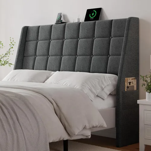 Miniatura 13 de Cabecero tapizado ergonómico tamaño queen con estación de carga, cabeceros con respaldo de orejas de lino con bolsillo de almacenamiento, solo Gris