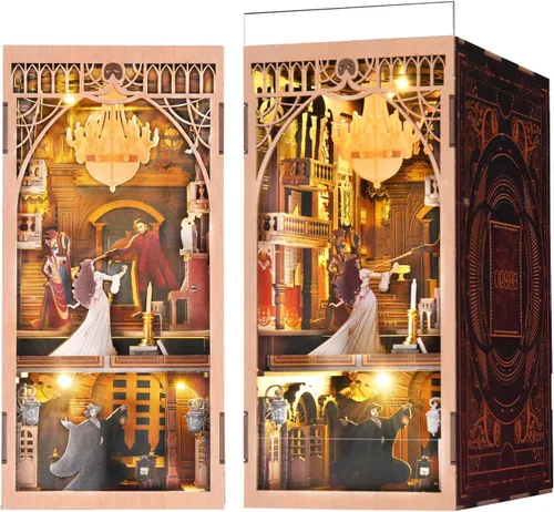 Miniatura 16 de MiniCity - Kit de manualidades para rincón de lectura, estantería de libros, inserto de estantería de madera, rompecabezas 3D, sujetalibros con luz