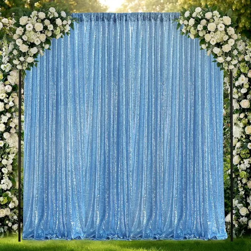 Miniatura 7 de Cortinas de fondo de lentejuelas con purpurina azul bebé, 2 piezas de 2 x 8 pies, telón de fondo de fiesta de baby shower para niños, hermosas