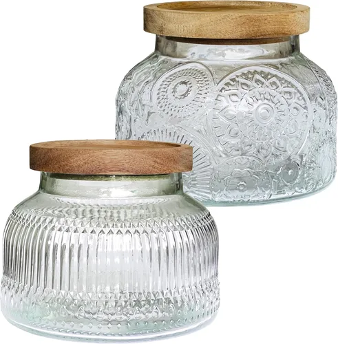 Miniatura 10 de Tarro decorativo de vidrio azul con tapa de madera hermética de 25.4 onzas, 2 piezas, boca ancha, recipientes de almacenamiento de alimentos