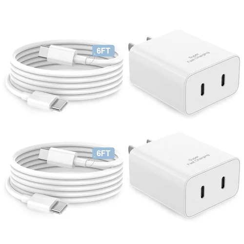 Miniatura 10 de Paquete de 2 cargadores súper rápidos USB C de doble puerto para teléfono Android tipo C, bloque de carga rápida con cable de carga tipo C de 6 pies