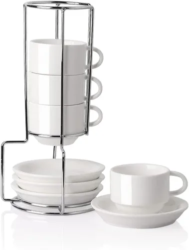 Miniatura 13 de Sweejar - Tazas de café de porcelana con platillos, tazas de capuchino apilables de 4 onzas con soporte de metal para bebidas de café, café