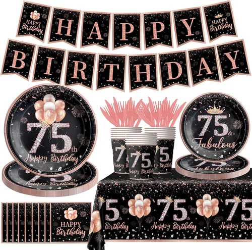 Miniatura 14 de 142 piezas de vajilla de cumpleaños de 13 años para niñas, suministros de fiesta de cumpleaños de color oro rosa para ella, mantel desechable