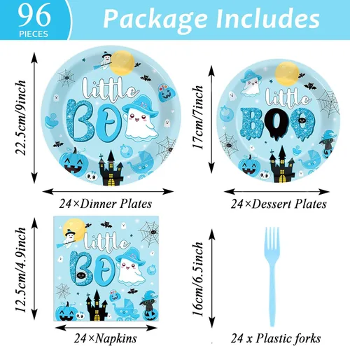Miniatura 2 de 96 PIEZAS Platos y Servilletas de Halloween Little Boo Baby Shower para decoraciones de baby shower Boo, vajilla desechable azul y negra, platos