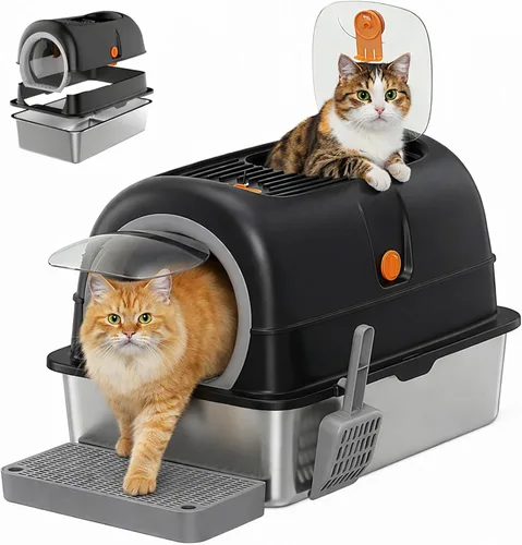 Caja de arena de acero inoxidable con tapa, caja de arena para gatos 3 en 1 con cuchara y alfombra, cajas de arena grandes cubiertas para múltiples