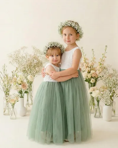 Miniatura 7 de 2Bunnies - Vestido de fiesta acampanado, con tutú de tul recto, diseño de espalda con encaje de peonías, para las niñas del cortejo nupcial
