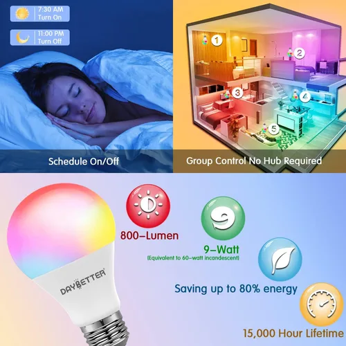 Miniatura 4 de DAYBETTER Bombillas inteligentes, bombilla Alexa, bombillas WiFi, bombilla RGBCW que cambia de color A19 9W 800LM, bombillas inteligentes que