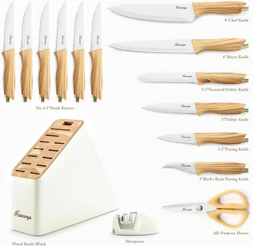 Miniatura 2 de Juego de cuchillos de cocina con afilador, juego de cuchillos de acero inoxidable alemán dorado con bloque y mango ergonómico de grano de madera