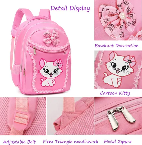 Miniatura 4 de Mochila escolar ligera de encaje con estampado de gatos, bolsa escolar de princesa, bolsa para libros, bolsa para bolígrafos para niñas de primaria