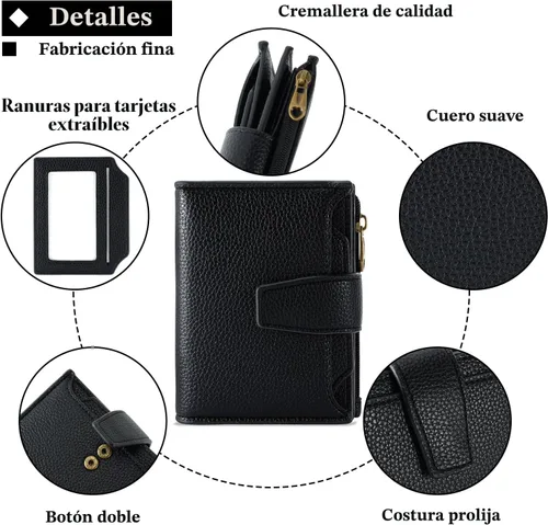 Miniatura 5 de Airkit Cartera para mujer, pequeña cartera de cuero para mujer, plegable, compacta, con bloqueo RFID, tarjetero de crédito, mini bolso de viaje