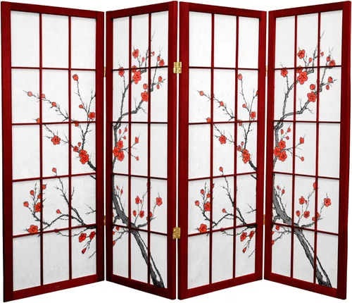 Miniatura 2 de Pantalla Shoji corta de 4 pies con diseño de flor de cerezo - Palisandro - 4 paneles Rosewood