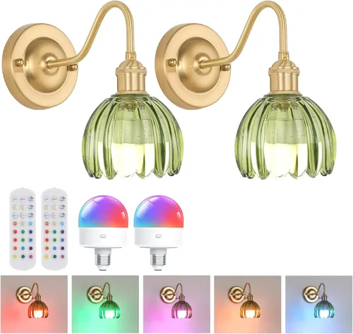 Miniatura 51 de Shenmoyl Aplique de Pared Vintage Operado por Batería con Linda Campana de Vidrio Tulipán Verde, Recargable Inalámbrica, Luz de Pared con Control