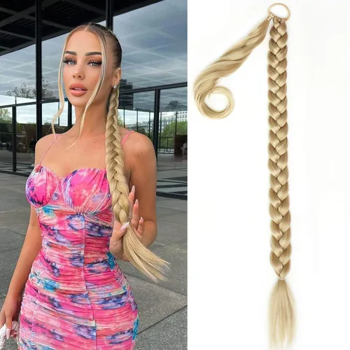 Miniatura 7 de Extensiones de cola de caballo trenzada de 20 pulgadas de largo para mujer, extensiones de cabello lacio envolvente con banda para el cabello, cola