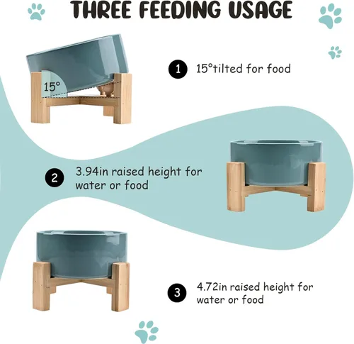 Miniatura 3 de SPUNKYJUNKY Cuenco de cerámica inclinado en 15° para perros y gatos con soporte de madera, cuenco inclinado para comida y agua para bulldog, Verde