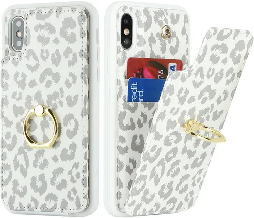 Lipvina Funda para iPhone X/XS con Portador de Tarjetas, Portador de Tarjetas de Crédito, Soporte de Anillo con Atril, Funda Tipo Cartera Plegable